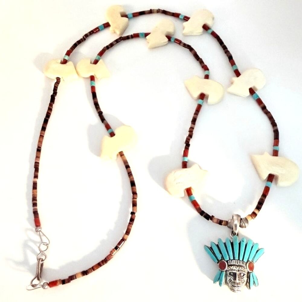 Vtg 925 Silver Navajo Chief Pendant Necklace Bears Coral Turquoise Fetish 28"